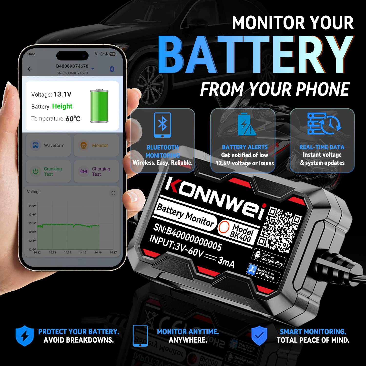 Battery Monitor Coulometer - BK400 Bluetooth Car Battery Monitor 3V-60V
